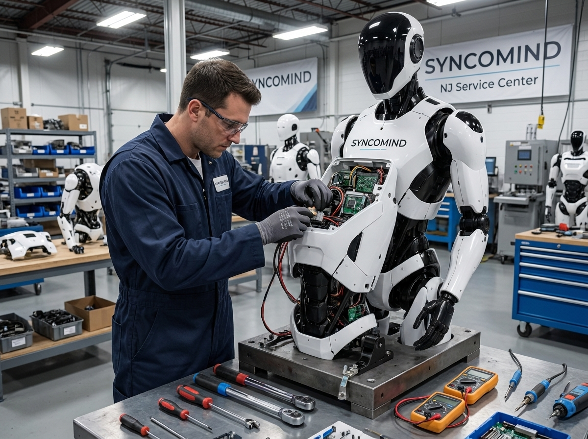 NJ assembly facility technician working on humanoid robot