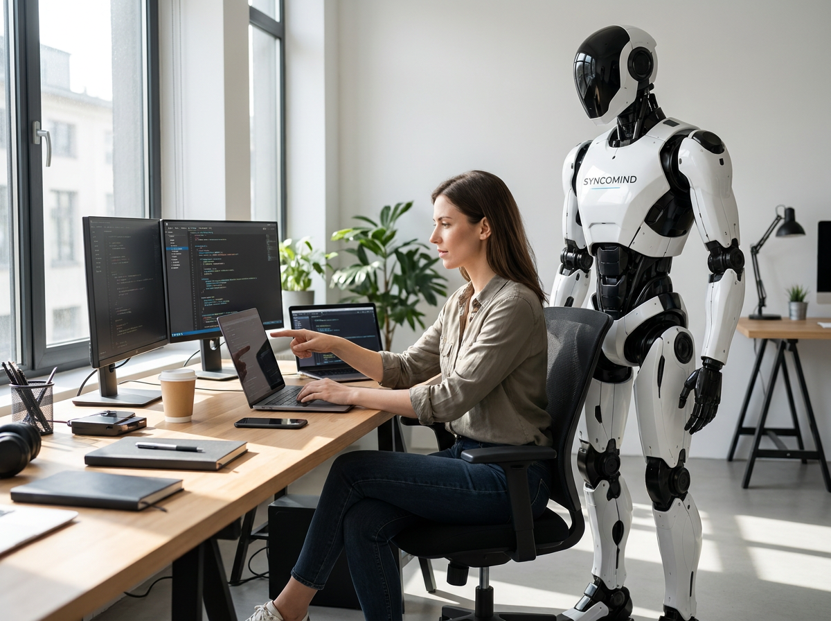 Team member working alongside humanoid robot
