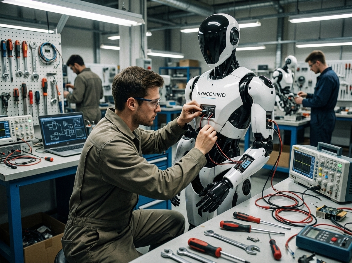 Hands-on workshop trainee configuring robot