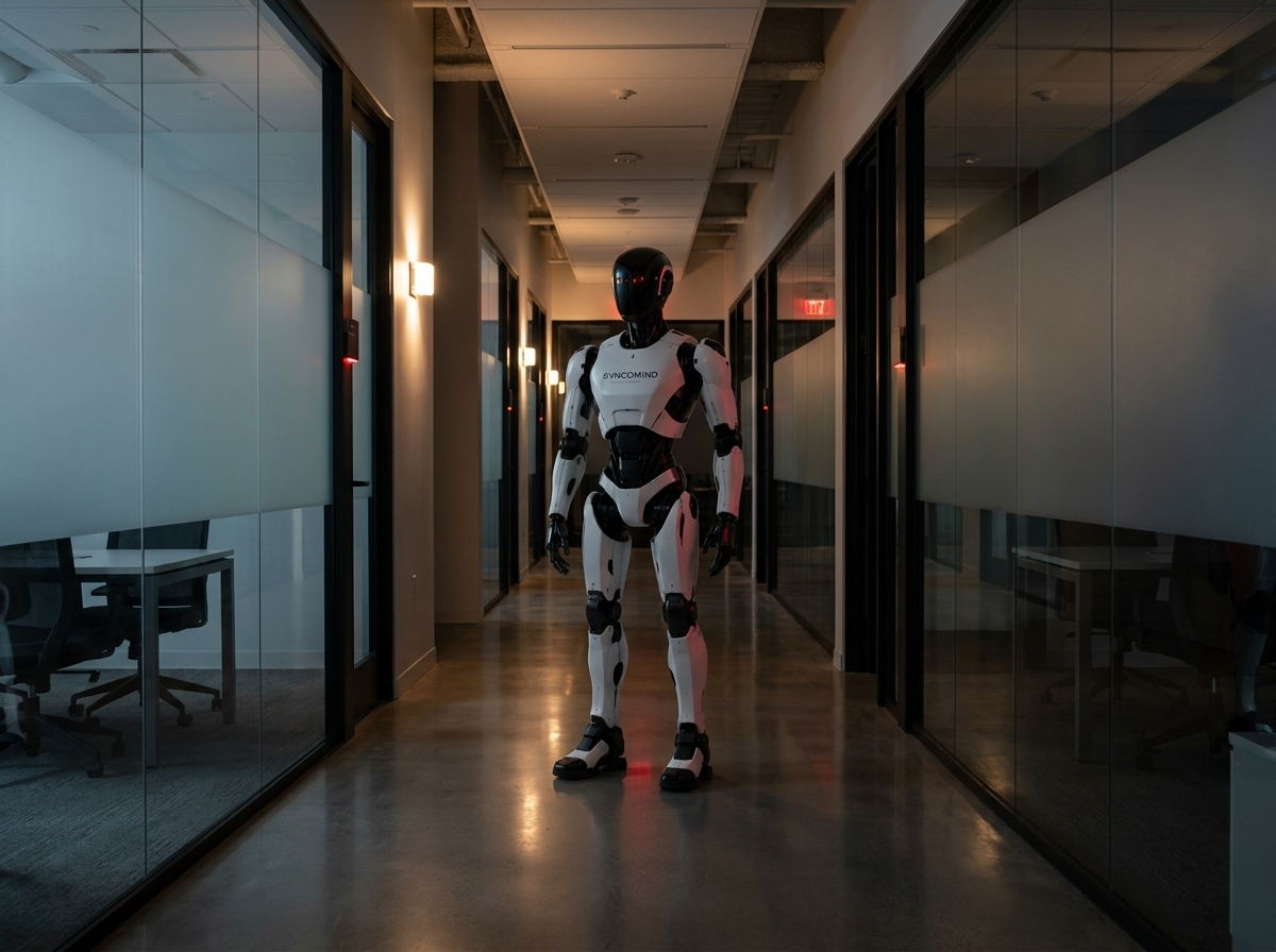 Robot navigating office corridor at night