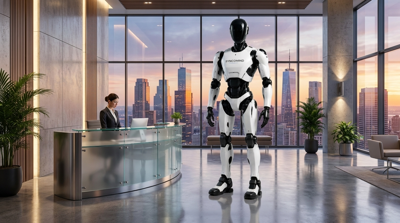 Humanoid robot in corporate lobby