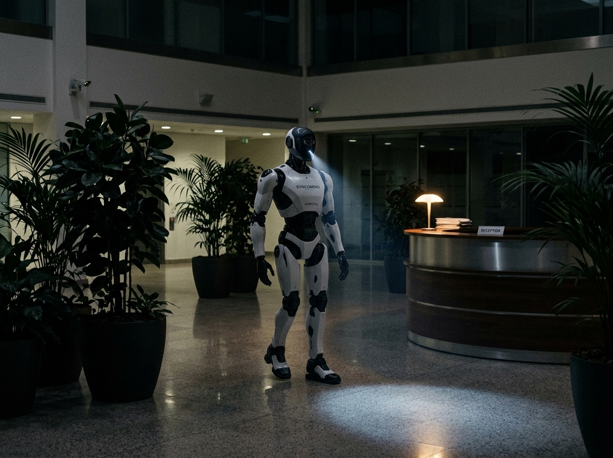 Robot security patrol in corporate atrium after hours