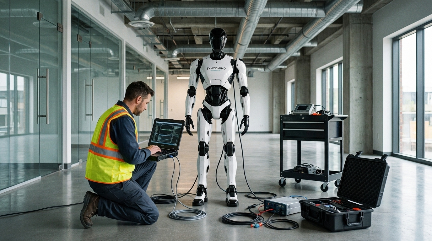 Technician calibrating humanoid robot on-site