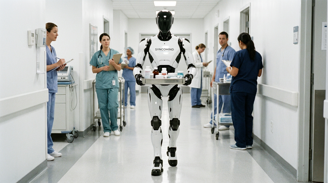 Humanoid robot in hospital corridor with supply tray