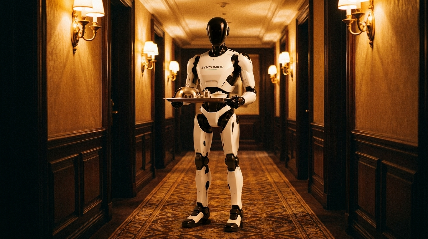 Humanoid robot delivering room service in hotel corridor