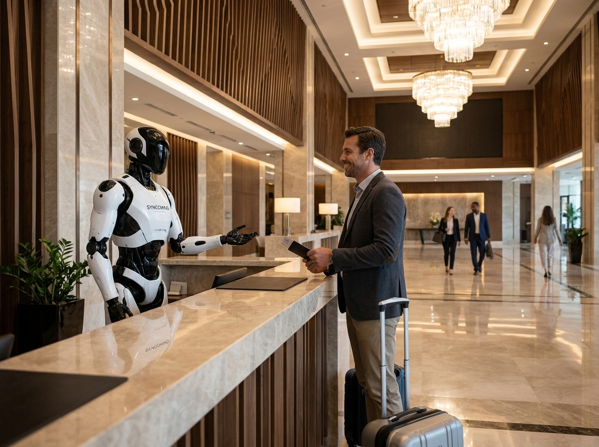 Robot interacting with guest in hotel lobby