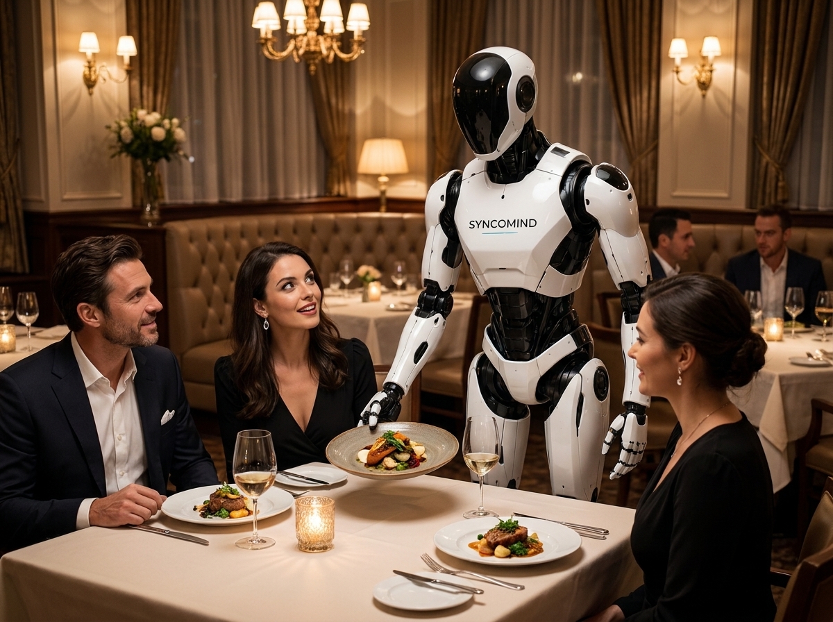 Robot delivering food at restaurant table