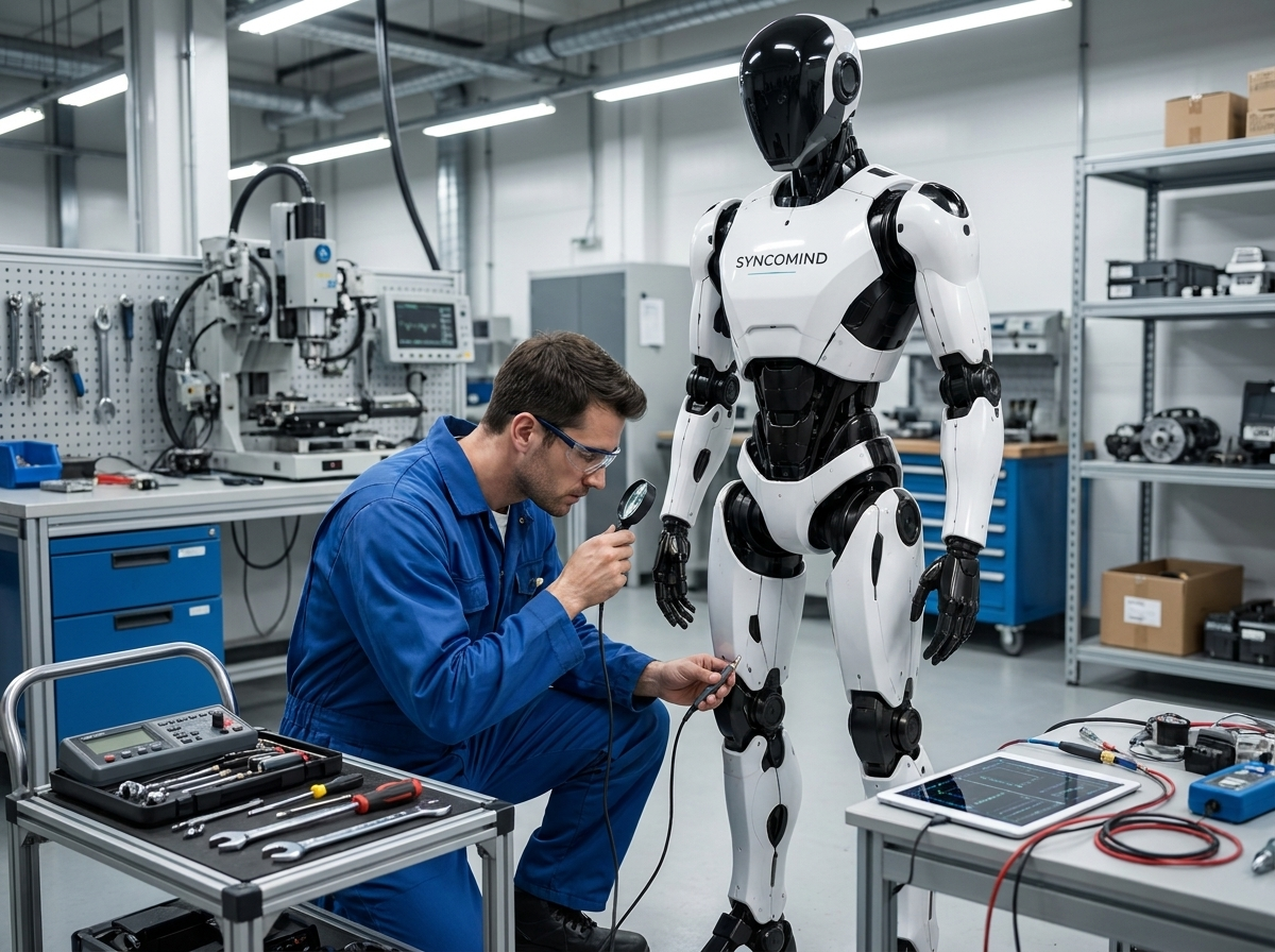 Technician inspecting robot joint assembly