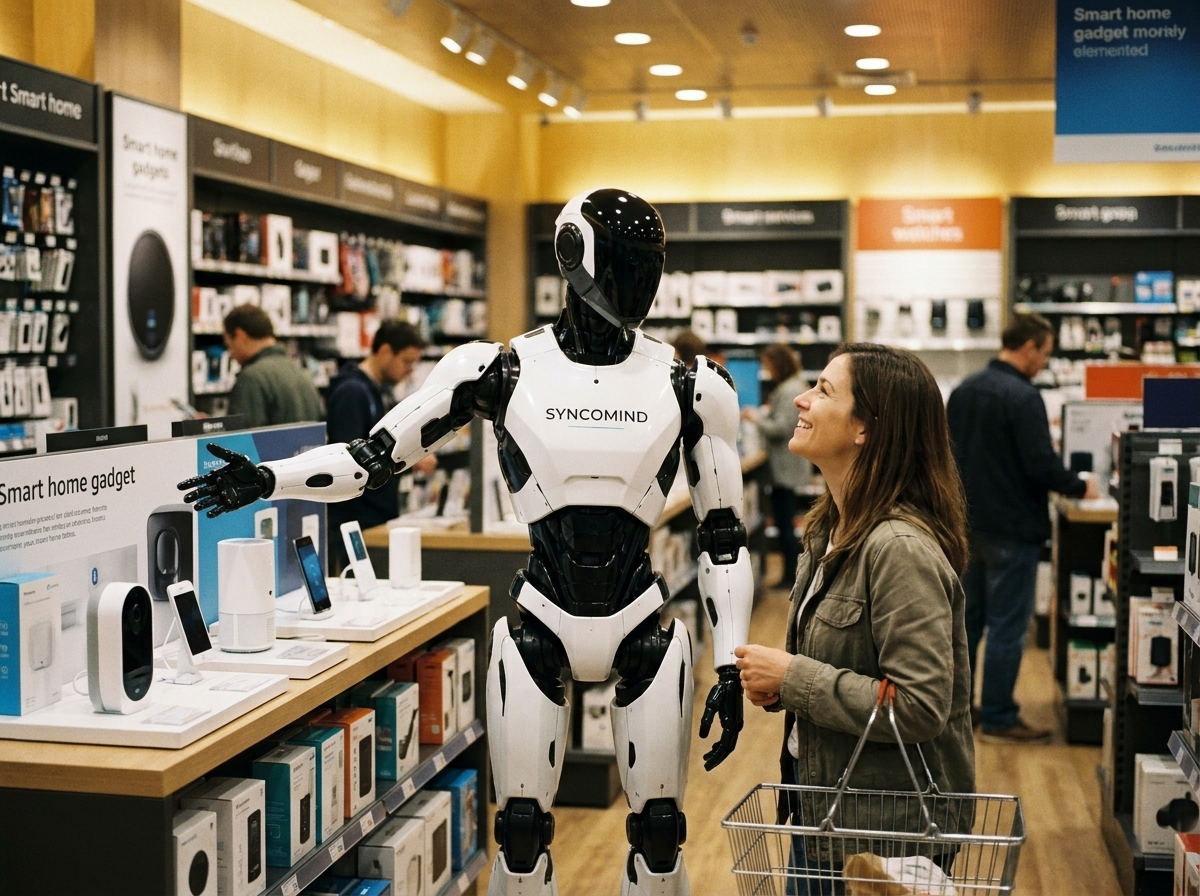 Robot assisting customer in store aisle